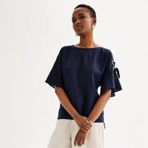 Ellen Tracy Navy Blouse with Decorative Sleeves, Size M